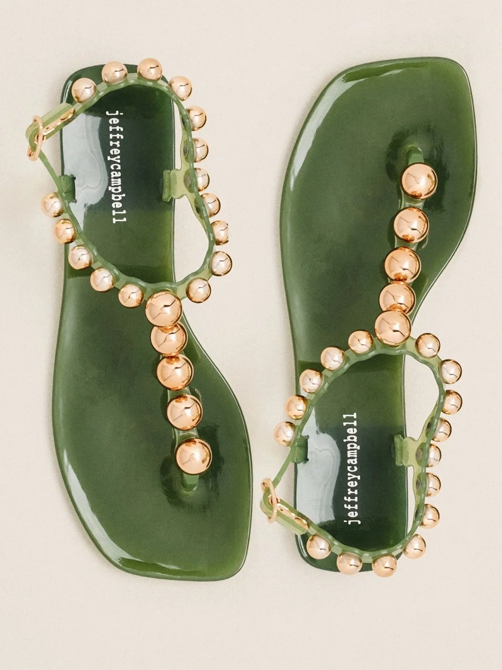 Jeffrey Campbell Green Jelly T-Strap Sandals with Gold Bead Accents
